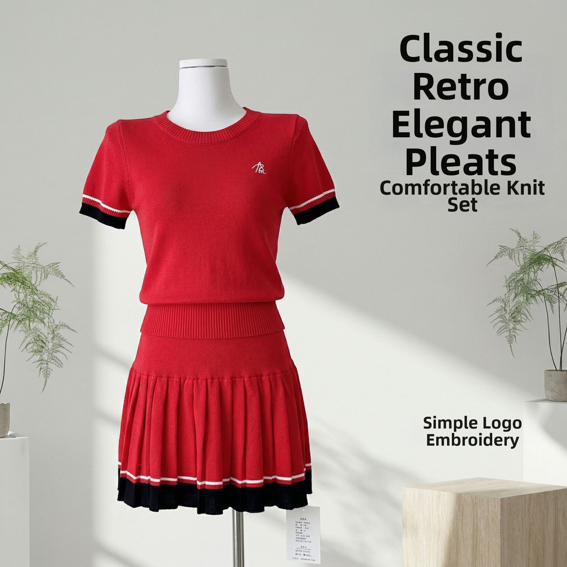 Dames twee delige set gebreide t-shirt en geplooide rok_voghion.com