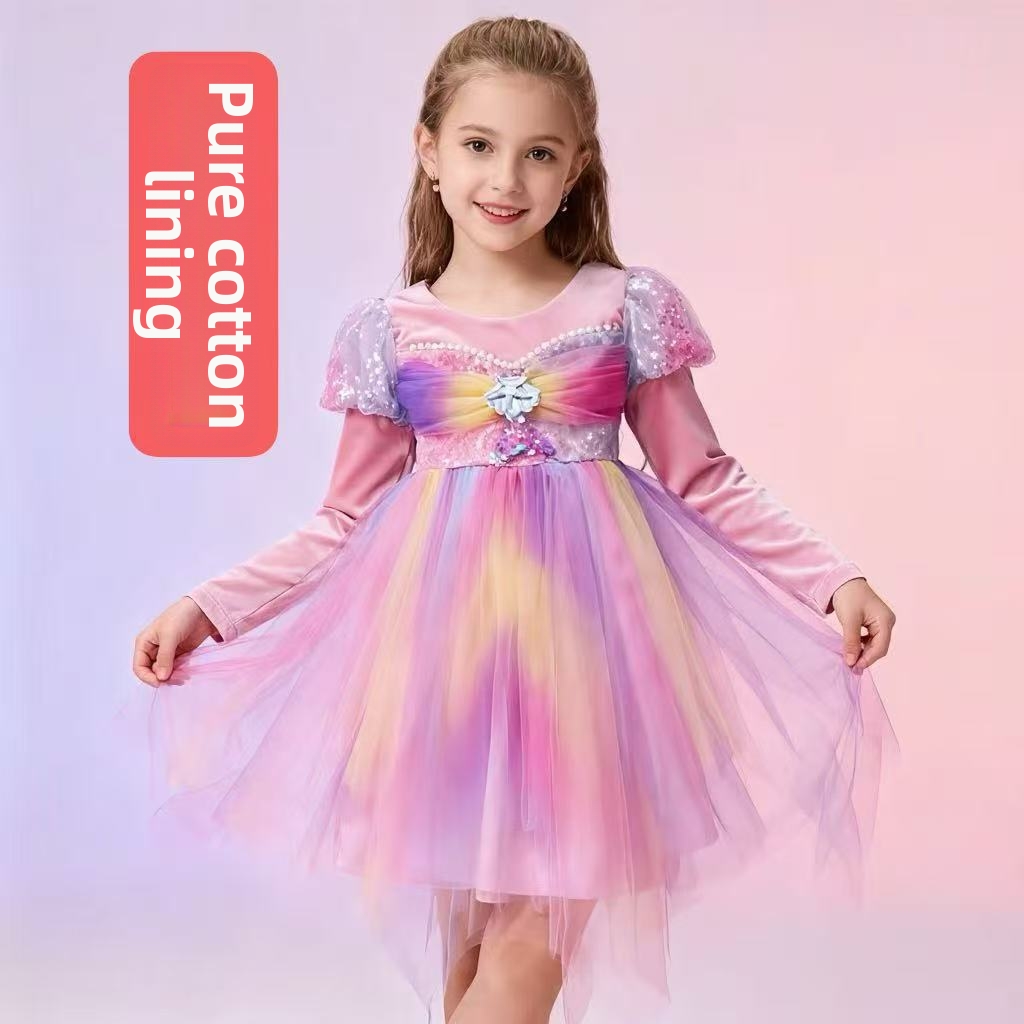 Flickornas regnbågsfärgad sjöjungfru prinsessklänning med puffärmar_voghion.com
