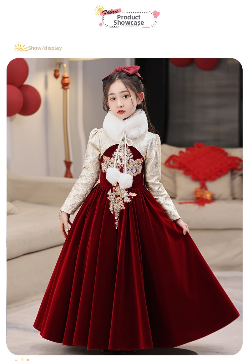 Girls Red Dress Birthday Princess Dress Children's Emcee Flower Girl Wedding Dress Little Girl Piano Performance Costume_voghion.com