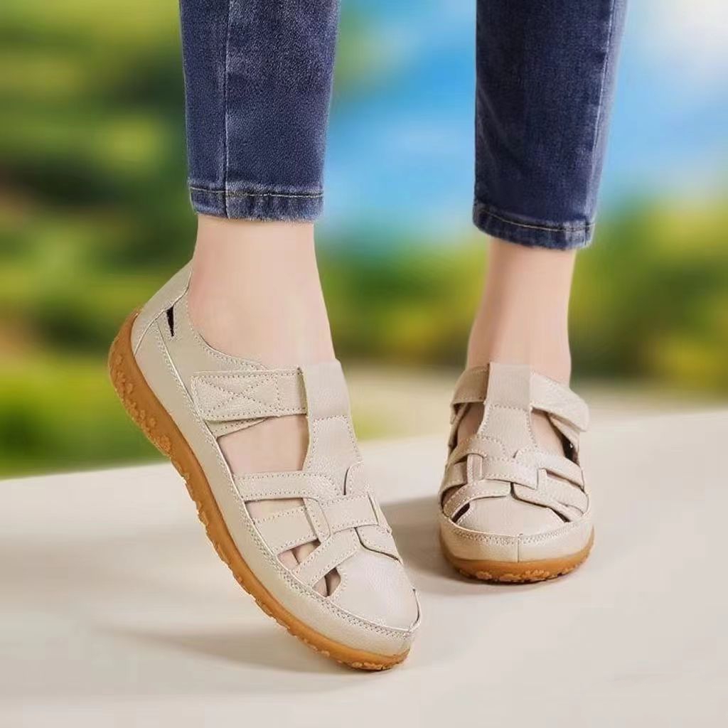 Cross-Border Large Size 35-44 Summer Handmade Retro Sandals Soft Sole Mom Shoes Velcro Casual Women's Shoes Beach Shoes