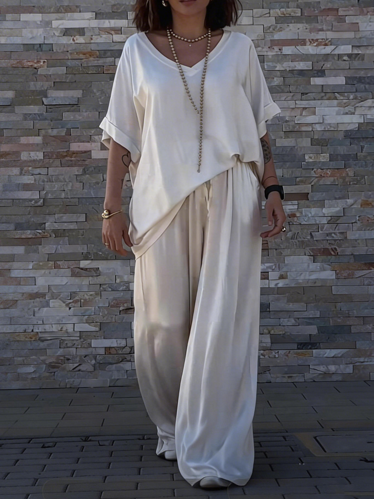 Women's Pant Set V Neck Pullover Top With Short Sleeve Pants Suit_voghion.com