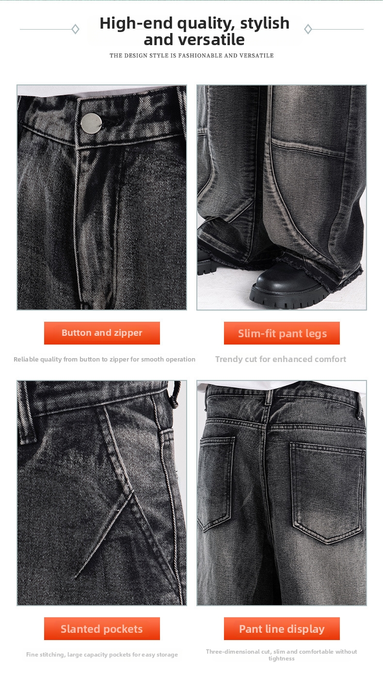Men's American Vintage Heavy-Duty Distressed Jeans, Structural Patchwork Design With Premium Washed Finish, Straight Leg Casual Denim Pants_mkmklike.com