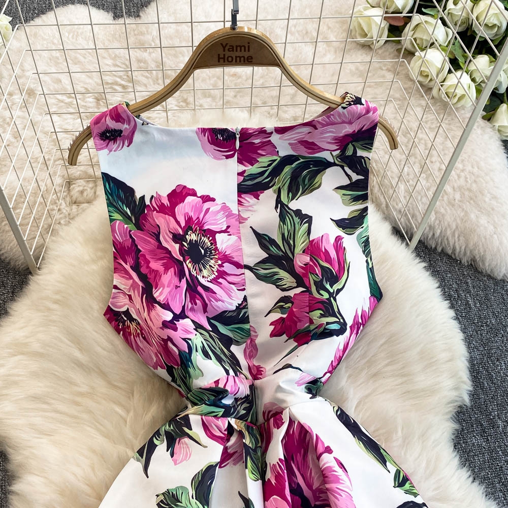 High-End Women's Sleeveless Dress European American Style Fashion Print round Neck Fitted Waist Pleated Full Skirt_ecoleips.com