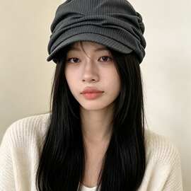 复古褶皱条纹星星纽扣平顶马术帽女设计感贝雷帽显脸小鸭舌帽子潮