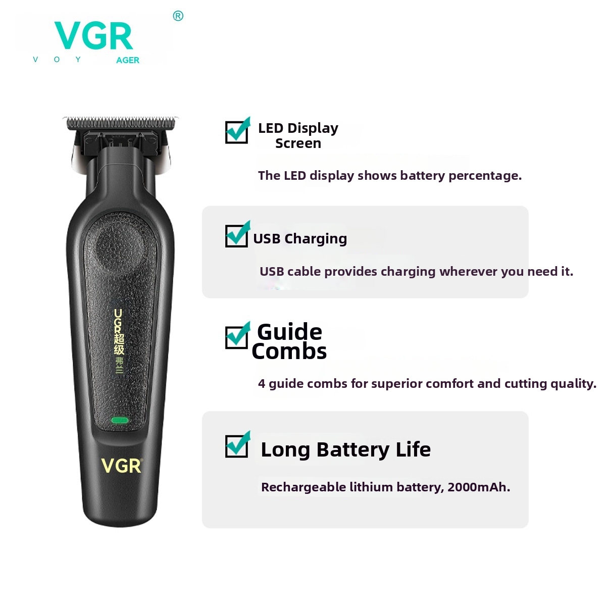 Tondeuse à cheveux électrique rechargeable vgr995 pour hommes_voghion.com