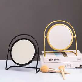 轻奢ins简约金属化妆镜台式桌面小 镜子家用公主镜金色旋转梳妆镜