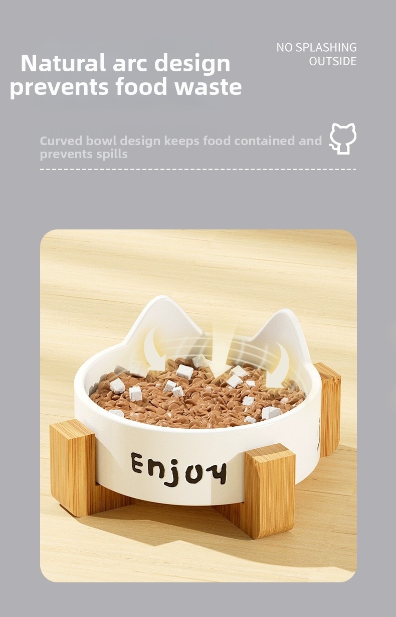 Ceramic Cat Bowl Elevated Pet Feeder With Wooden Stand_voghion.com