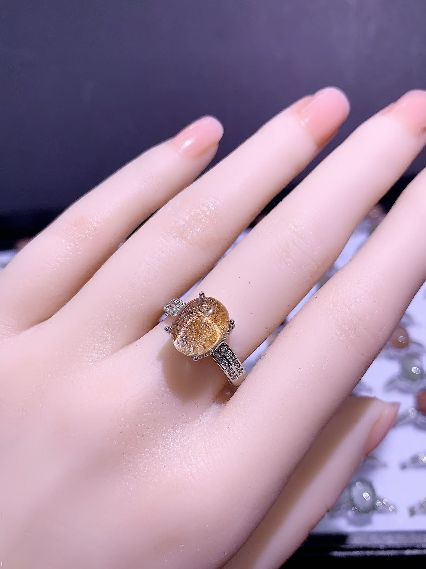 New Natural Phantom Quartz Inlaid Ring, Cross-Border Hot Selling Simple and Versatile Fashion Ring with Colored Gemstones, Factory Wholesale