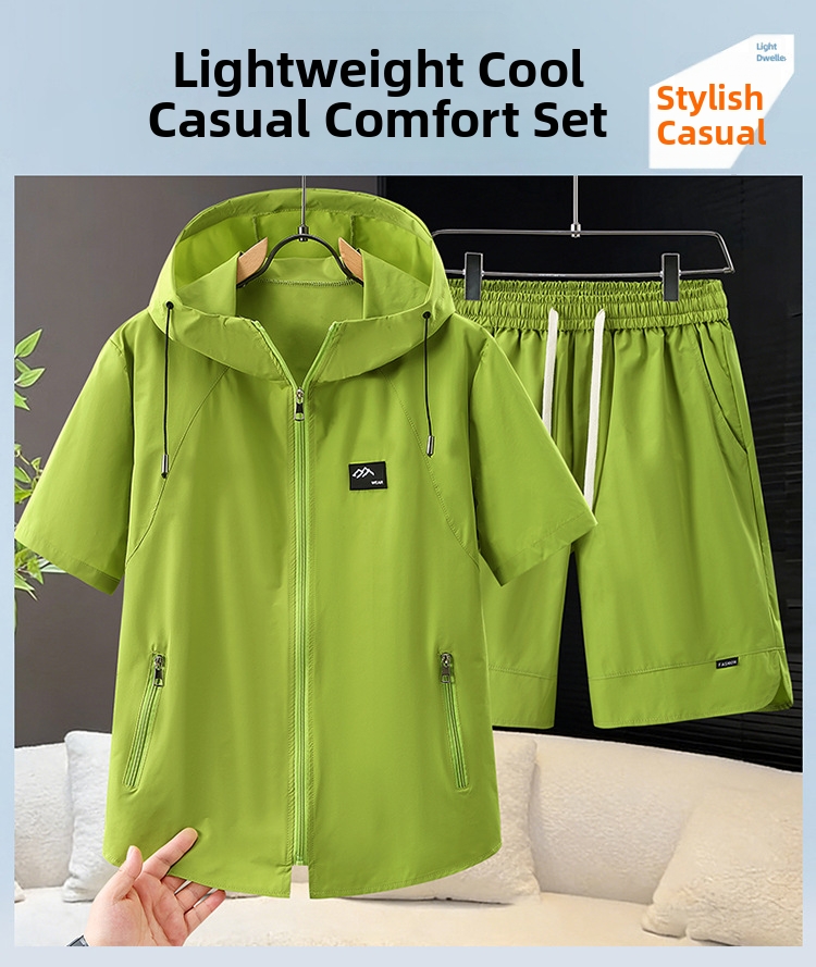Men's Plus Size Quick Drying Sports Suit Summer Loose Fit Hooded Short Sleeve T-Shirt And Shorts Set_viptrois.com