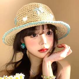 度假风草帽女夏季海边沙滩遮阳防晒太阳帽植物花卉编织渔夫帽女士