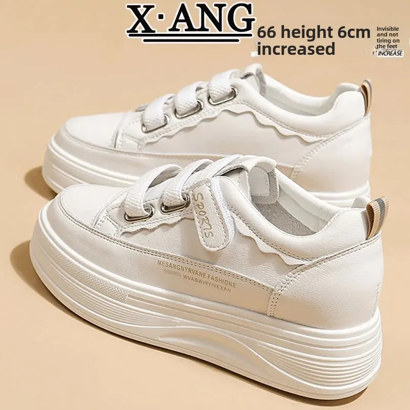 High white shoes with velcro platform for leisure, for teenagers, genuine leather, trend of season
