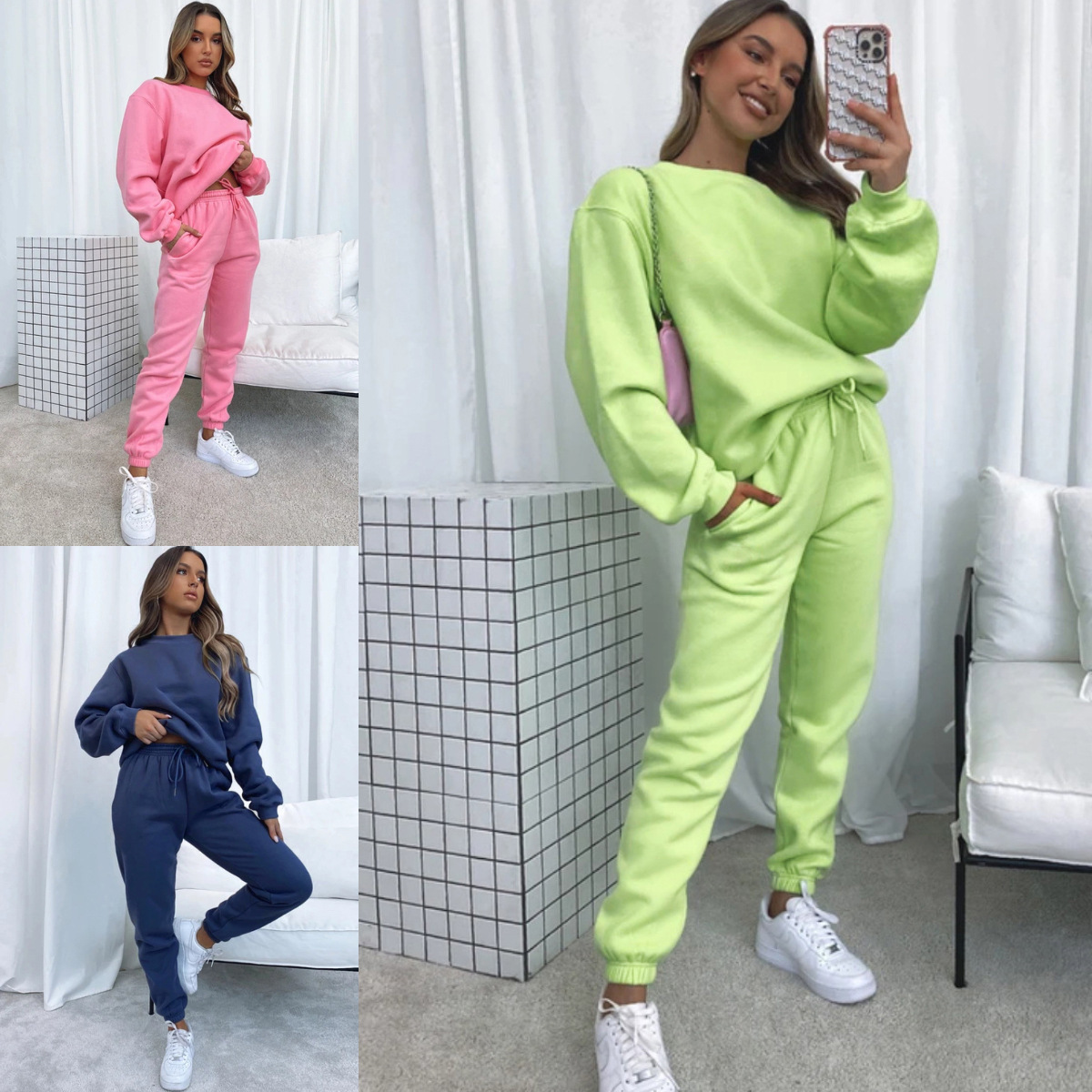 Women's Fashion Casual Long Sleeved Sweater Set Solid Color Round Neck Pullover Top With Trousers Spring Autumn Solid Color_ecoleips.com