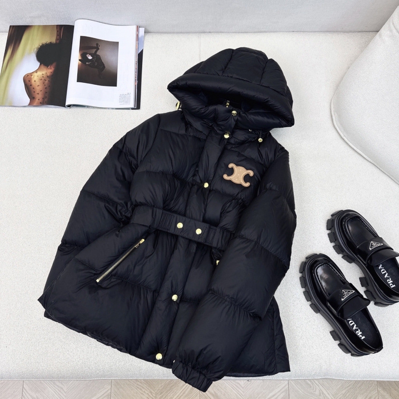 25 Autumn and Winter New Arc De Triomphe Logo Stand Collar Elastic Waistband Hooded Waist Bread down Jacket