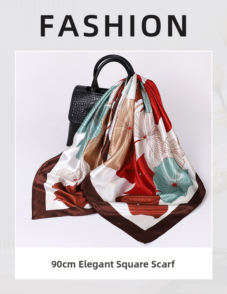 Large Leaf Print Silk Scarf Square Satin Shawl For Women_voghion.com