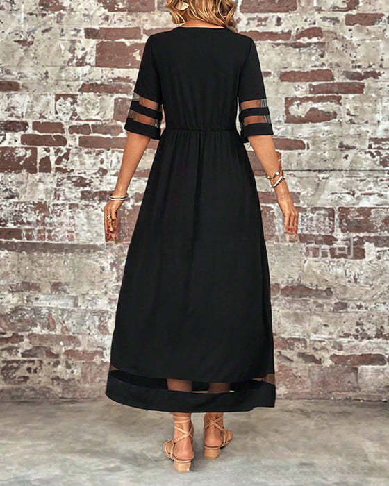 Plus size kjole til kvinder med patchwork mesh detaljer og lommer_voghion.com