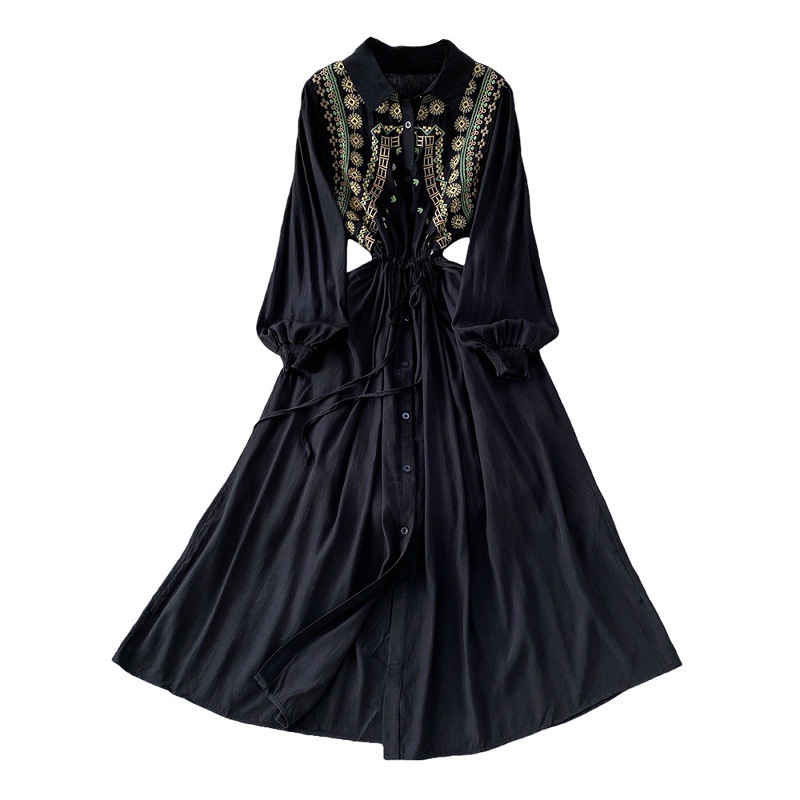Women's French Style Retro Embroidered Collar Dress Lantern Sleeve Long Skirt Slimming Summer Commuting Dress_ecoleips.com