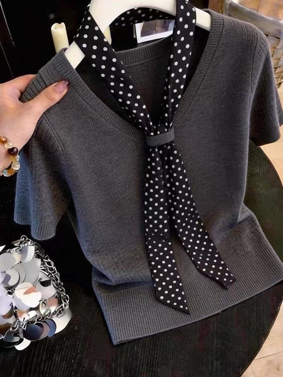 Women's Polka Dot Knitted T-Shirt Short Sleeve Designer Style Summer Fashionable And Elegant New Tops_ecoleips.com
