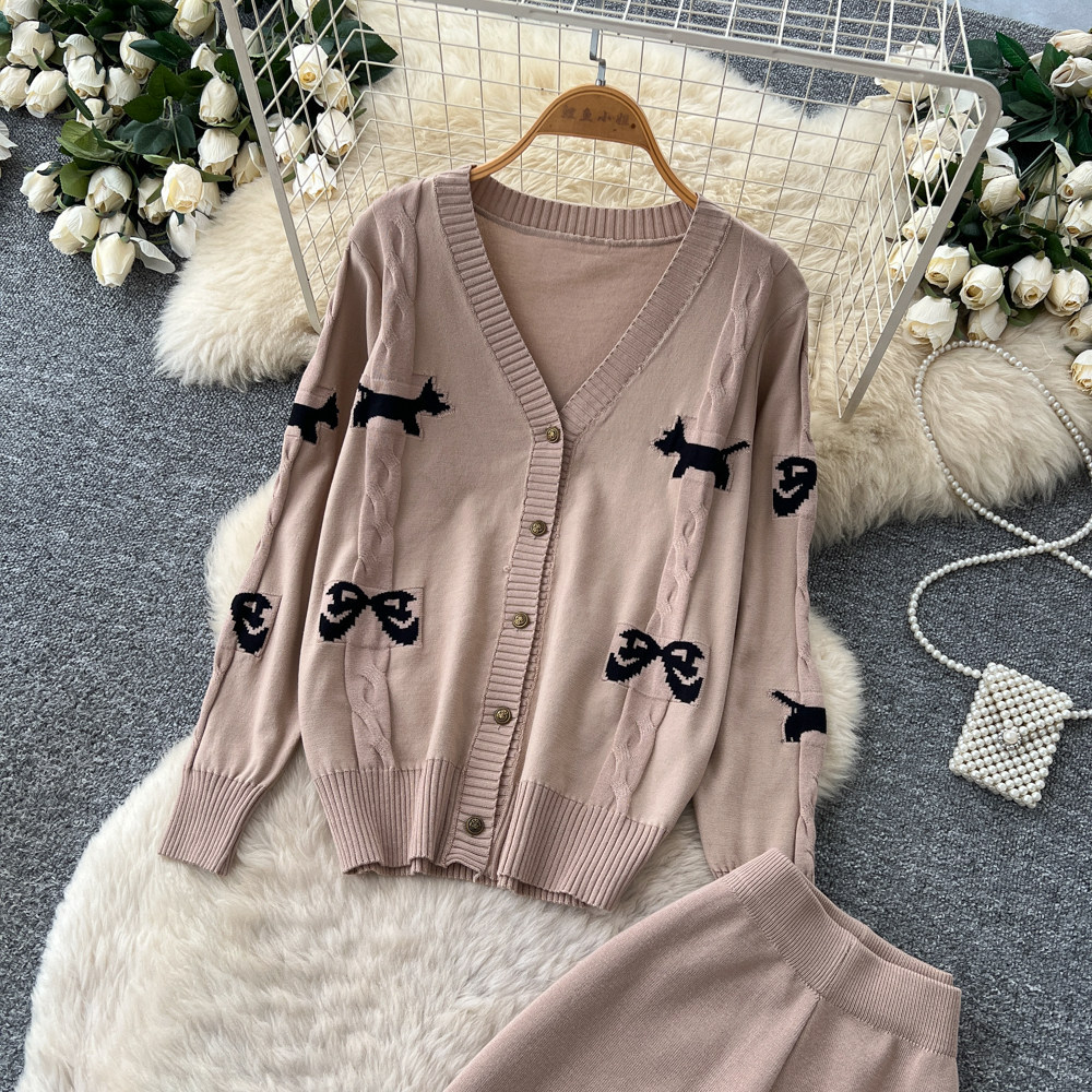 Women's European American Style V Neck Cardigan Top Wide Leg Trousers Knit Two Piece Set Slim Fit Elegant Autumn Winter_ecoleips.com