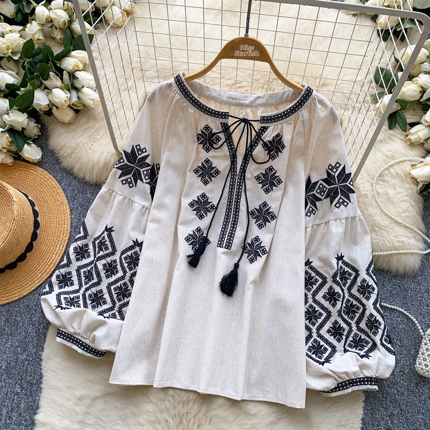 Women's Bohemian Style Tie Waist Blouse Korean Summer Loose Fit Top Heavy Embroidery Lantern Sleeve Slimming Blouse_ecoleips.com