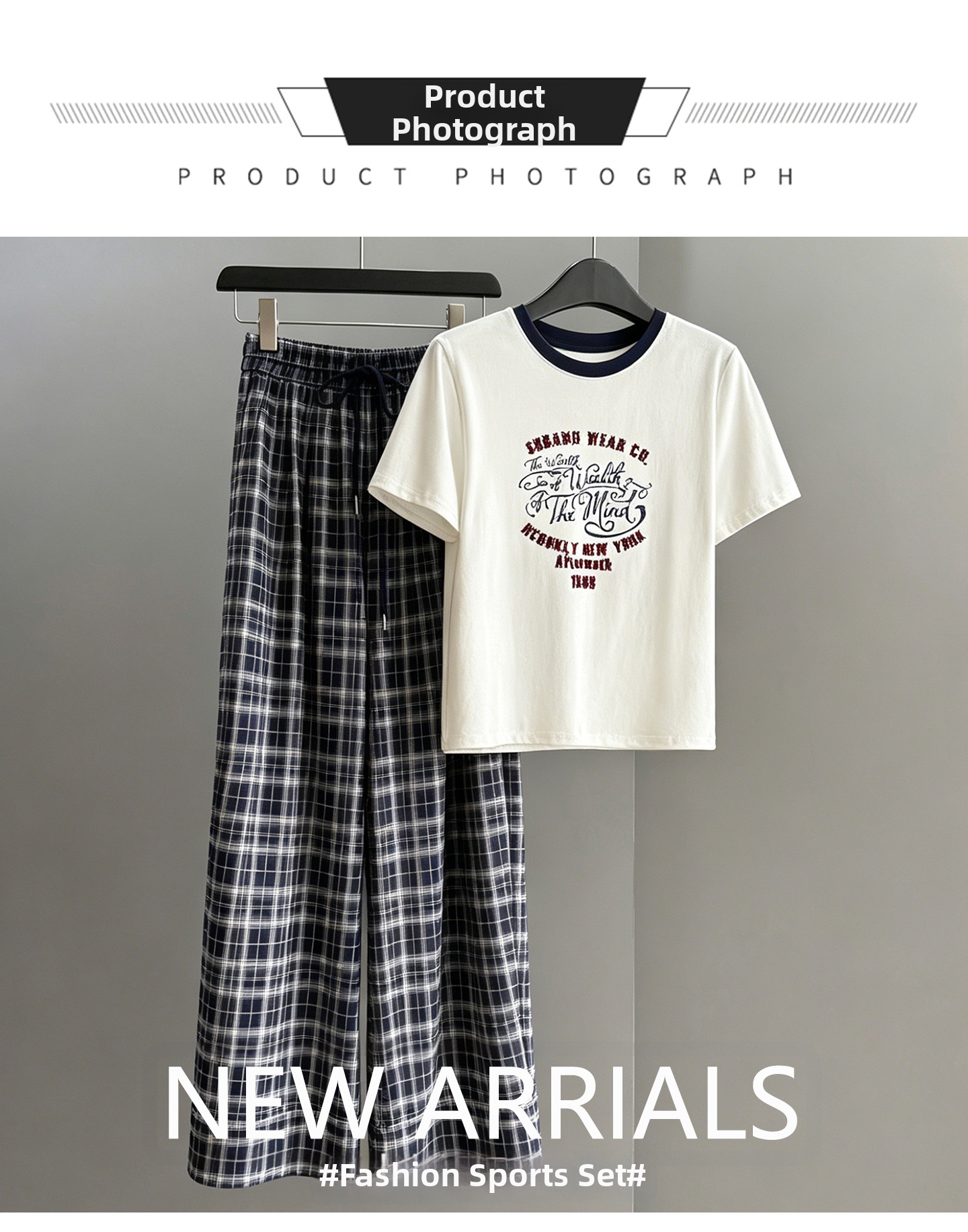 Women's Korean Style Summer Short Sleeve T-Shirt & Plaid Wide Leg Pants 2-Piece Set | Loose Fit Casual Outfit | Trendy Comfort Jogger Set_ecoleips.com