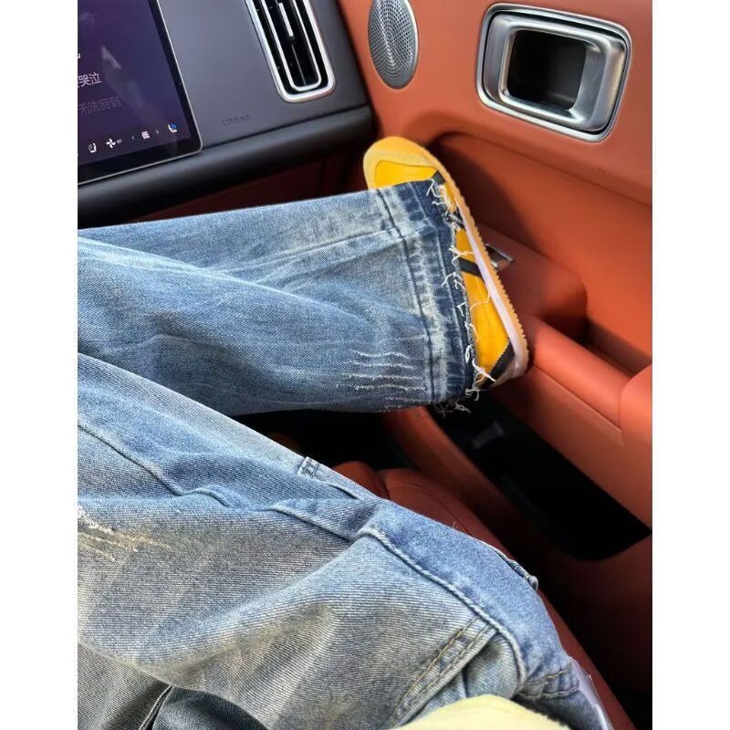 High Street Men's Distressed Washed Denim Jeans Straight Leg Slim Fit Vibe Pants Tall Fitted Slightly Flared_mkmklike.com