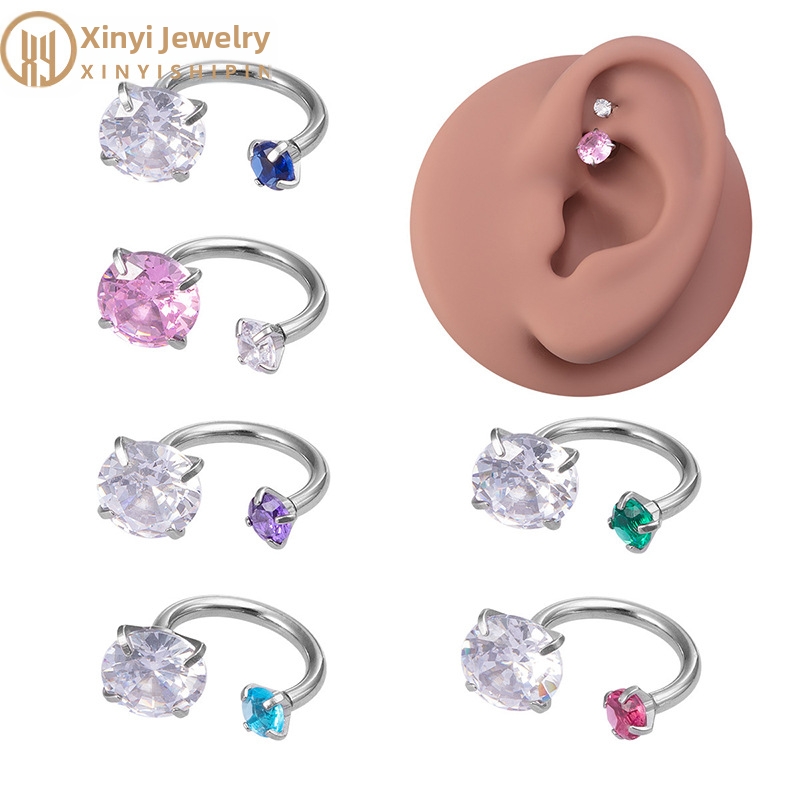 Boucles d'oreilles en acier titane et zircon rond étincelant, en forme de fer à cheval double. Puces d'oreilles tendance pour cartilage d'oreille, adaptées aux oreilles percées. Bijoux de luxe haut de gamme._voghion.com