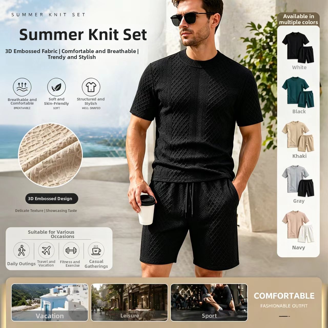 Men's Jacquard Print Short Sleeve Polo & Shorts Set, Breathable Quick-Dry Summer Sportswear For Casual & Active Lifestyle_viptrois.com