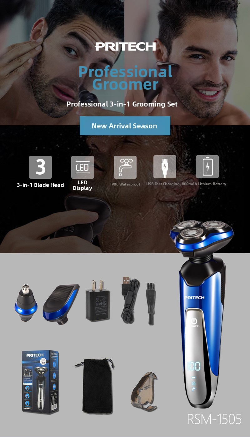 Rasoio multifunzione 3 in 1 Pritech da uomo con display digitale a LED, ricaricabile e impermeabile, rifinitore per barba._voghion.com