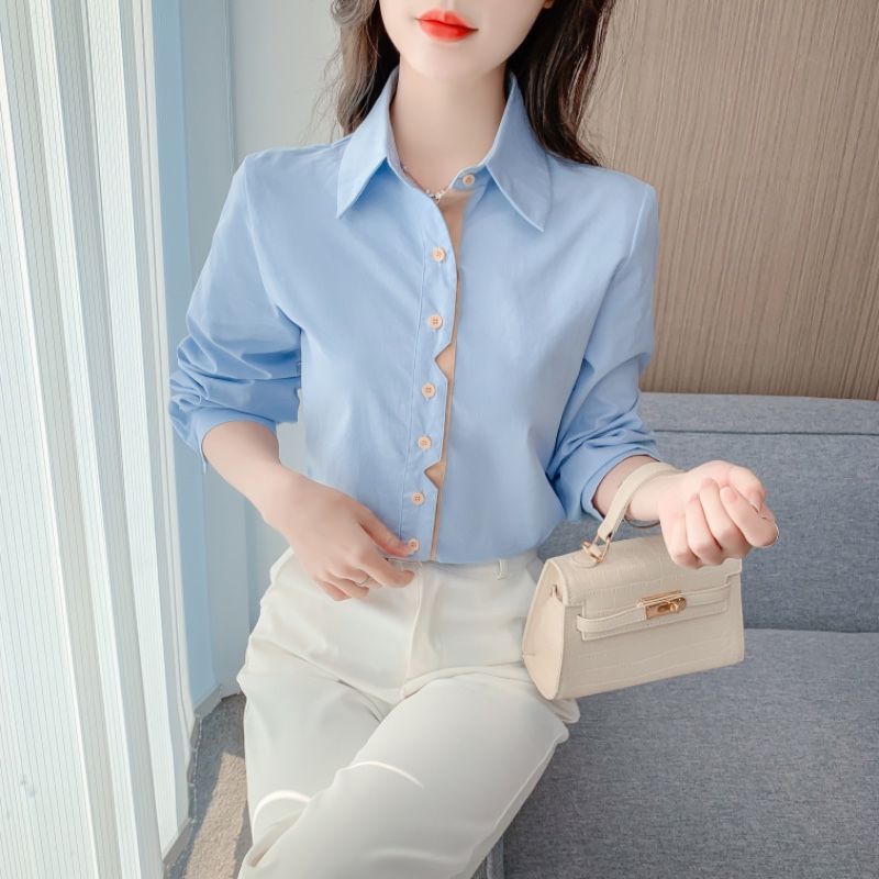 Spring and Autumn 2026 New Style Pure Cotton Shirt for Women, Loose Fit, Slimming Design, Color-Blocked Placket, Full Cotton Long-Sleeve Top