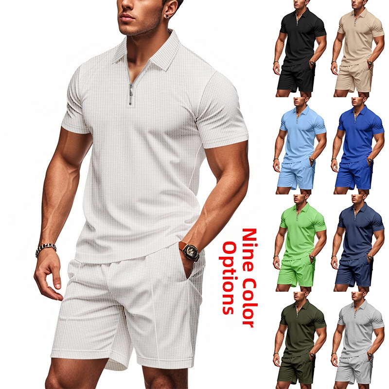 Summer Casual Men's Polo Shirt Loose Fit Zipper Short Sleeve Waffle Design American Style Suit_voghion.com