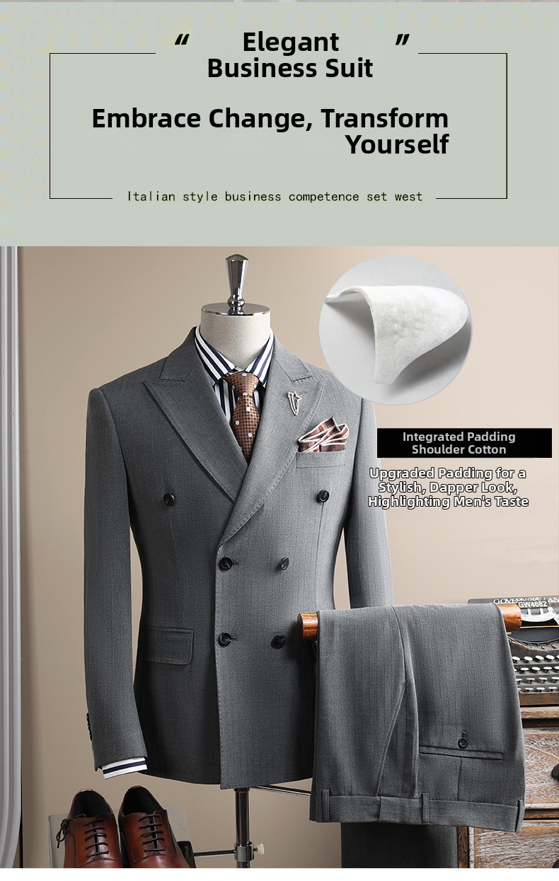 Men's Double-breasted Three-piece Suit Formal Wedding Stripe Suit_voghion.com