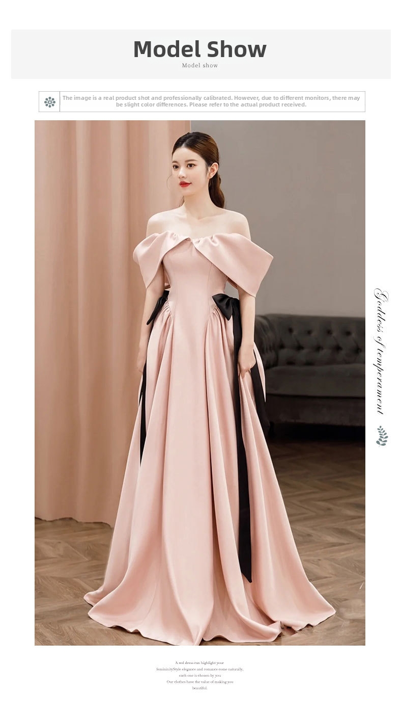 Elegante abito da sera in raso rosa con spalle scoperte per sposa_voghion.com