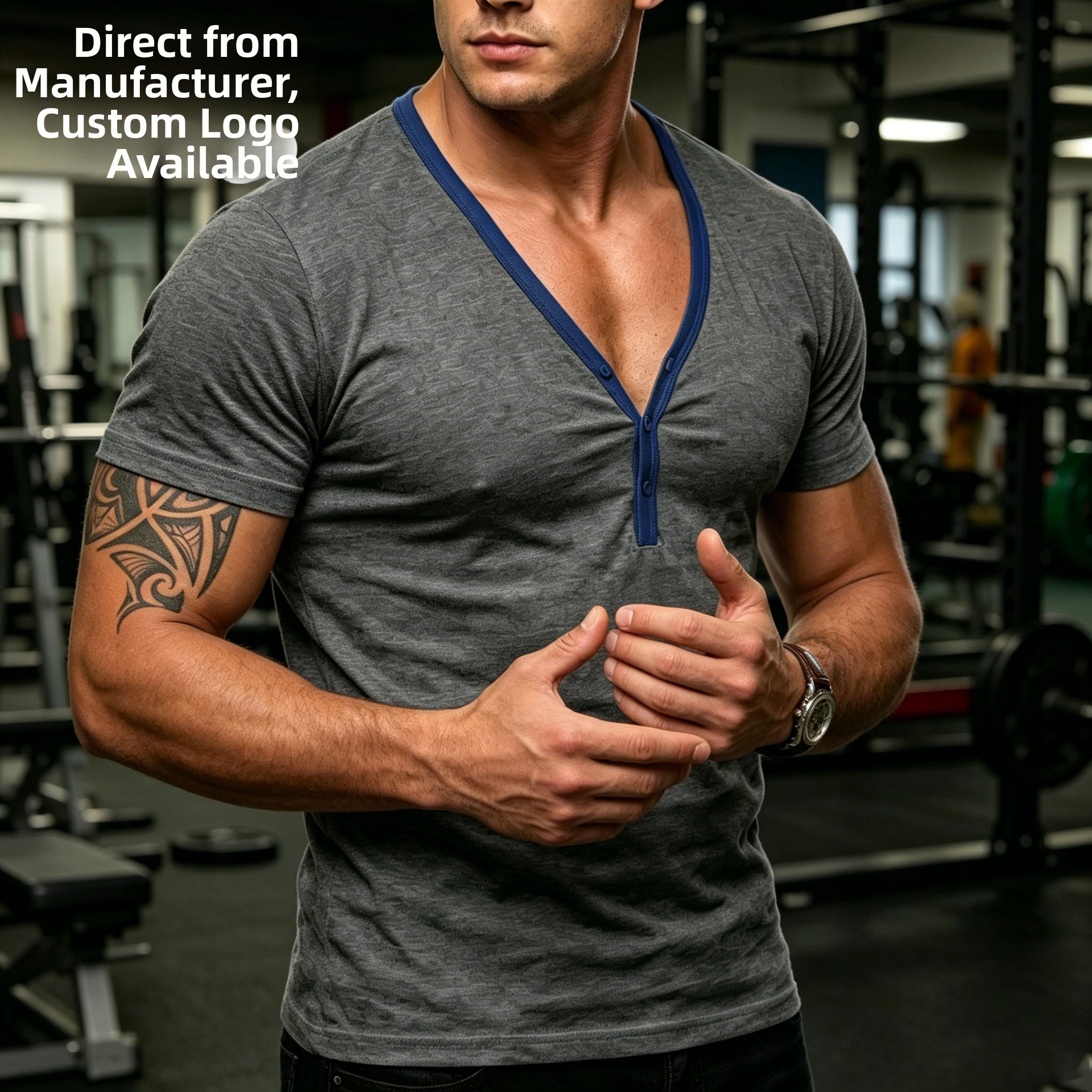 Men's V-Neck Short Sleeve Workout T-Shirt, Slim Fit Muscle Tee With Button Placket, Moisture Wicking Quick Dry Sport Top For Gym & Casual_viptrois.com