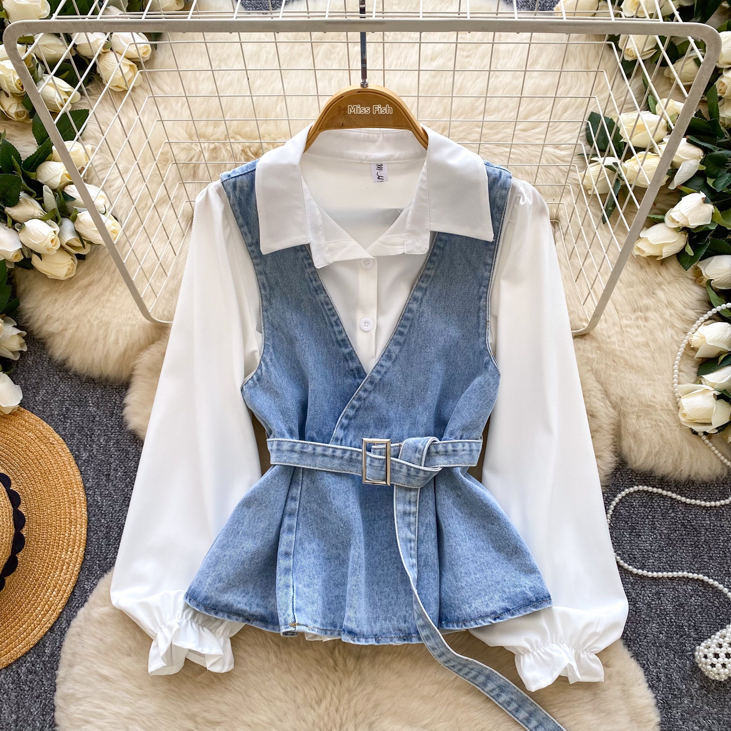 Conjunto feminino de duas peças com colete e cardigã de malha modeladores, com cinto, estilo casual para o outono, tamanhos grandes, poliéster._voghion.com