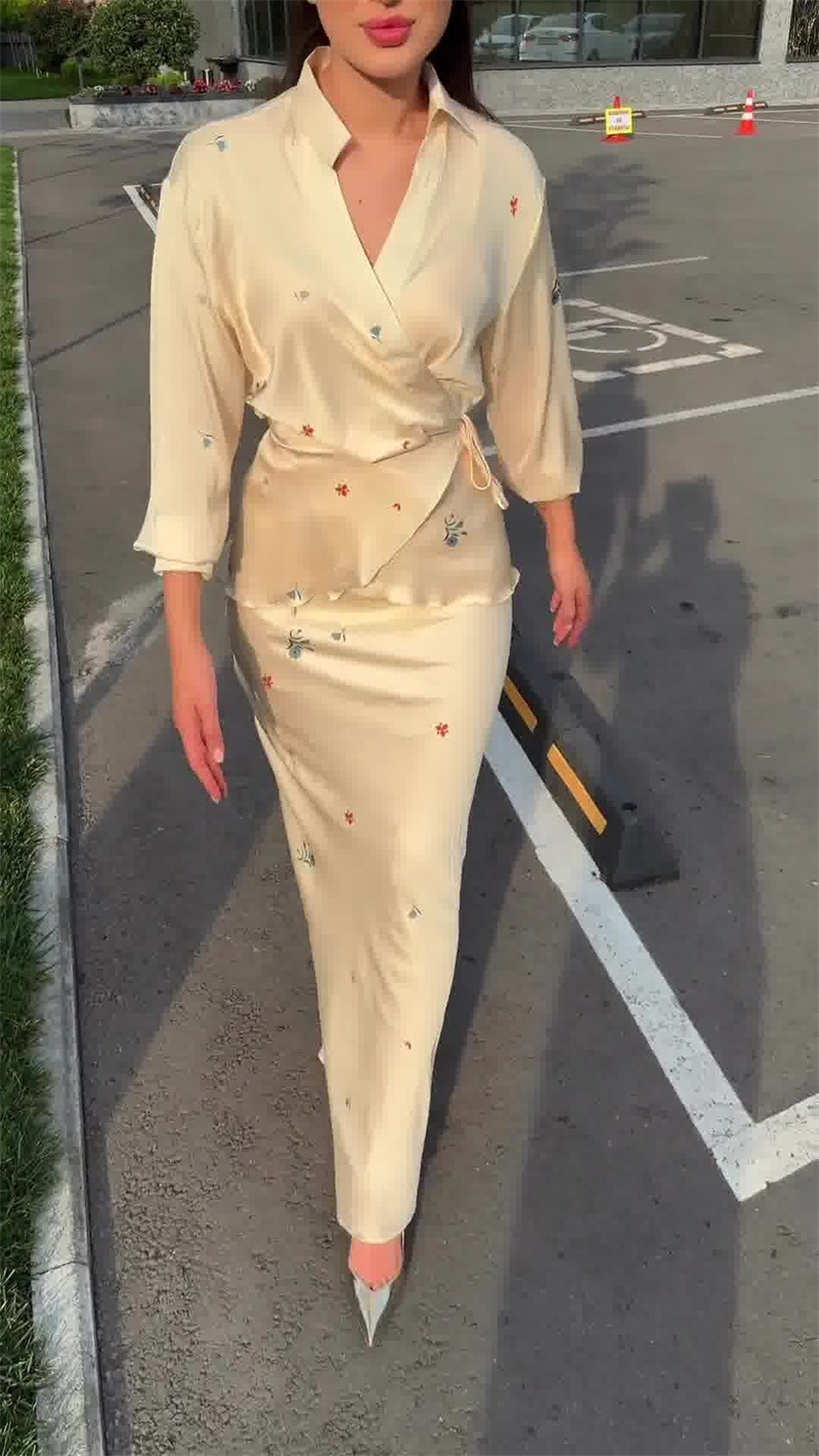 Fashionable Elegant Women's Satin Long Sleeved Top Skirt Set Tie Waist European American Style Cross Border New 2025_ecoleips.com