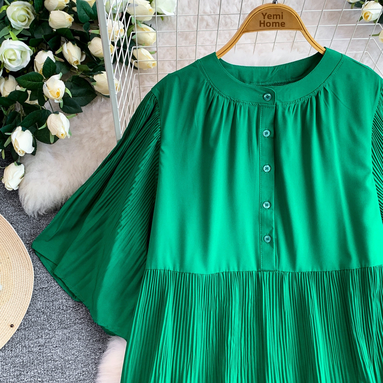 Women's French Style Button Down Dress Round Neck Three Quarter Sleeve Summer Loose Fit Slimming Pleated Long Skirt_ecoleips.com