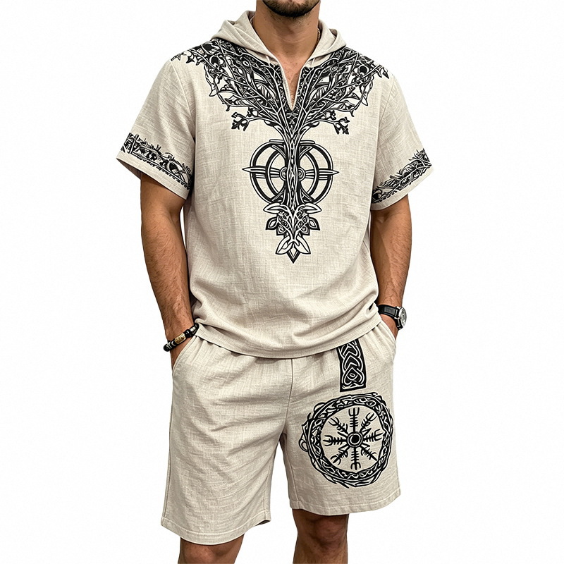 Men's Viking Tree Of Life Print Hooded Short Sleeve & Shorts Set, Textured Linen-Look Full Print Two-Piece Outfit_viptrois.com
