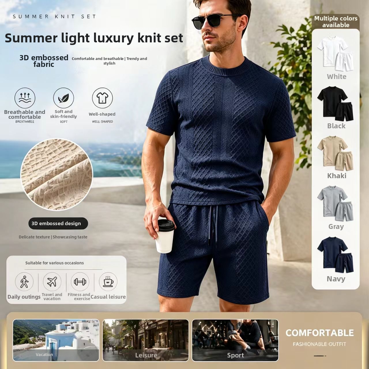Men's Jacquard Print Short Sleeve Polo & Shorts Set, Breathable Quick-Dry Summer Sportswear For Casual & Active Lifestyle_viptrois.com