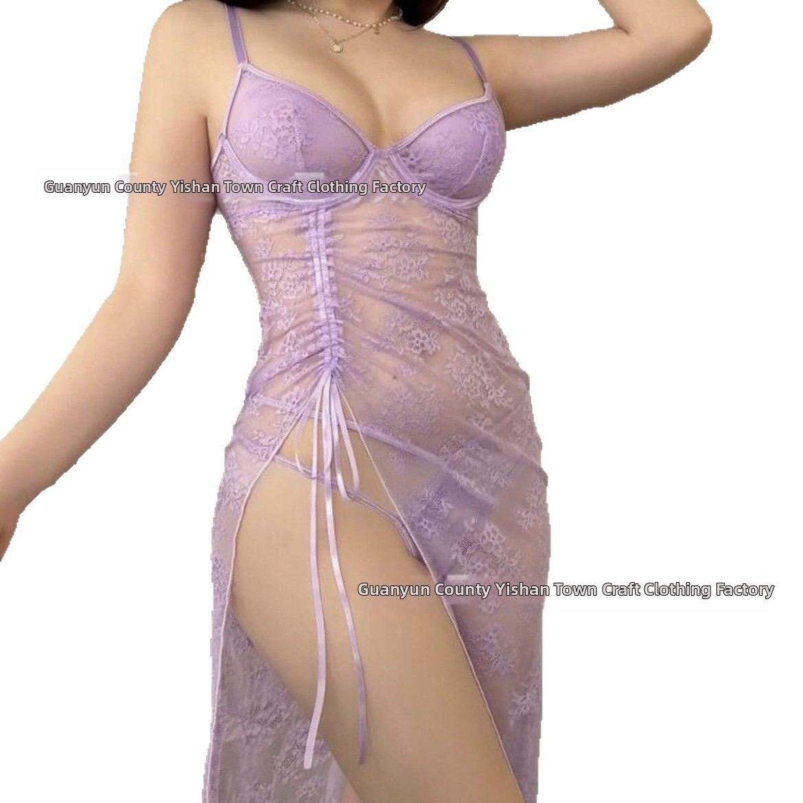 Sheer Lace V-Neck Chemise With G-String, High Slit Sensual Nightwear For Plus Size Women, Elegant Mesh Babydoll Lingerie Set_voghion.com