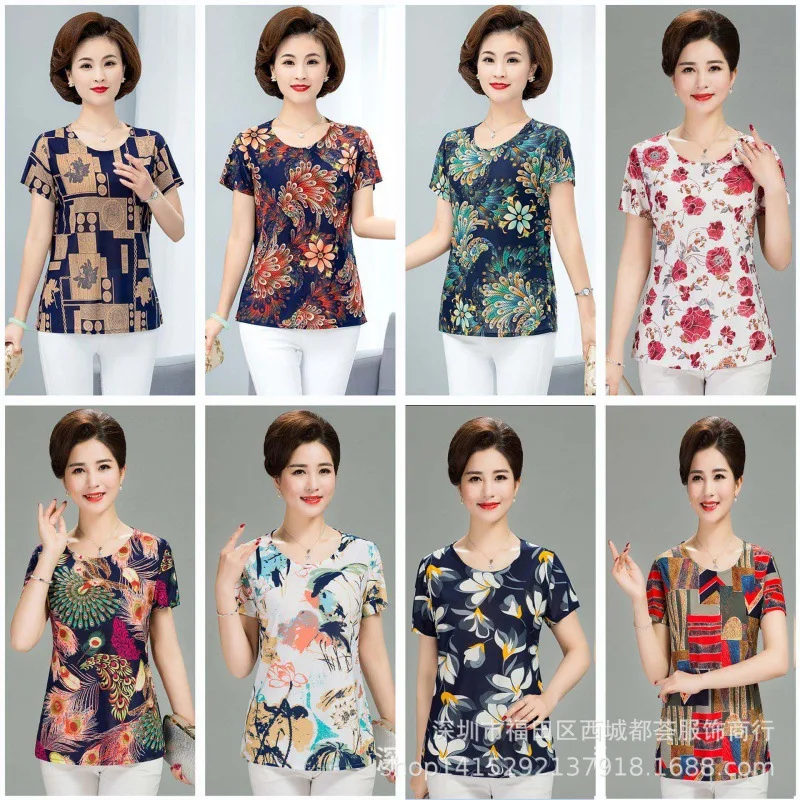 Body-friendly short sleeve T-shirt for mother, loose fit, for middle age, wholesale