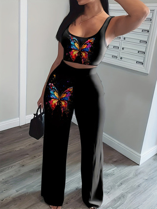 Women's Digital Print Two Piece Set Sleeveless Vest And Trousers Relaxed Everyday Wear Comfortable Feshion_ecoleips.com