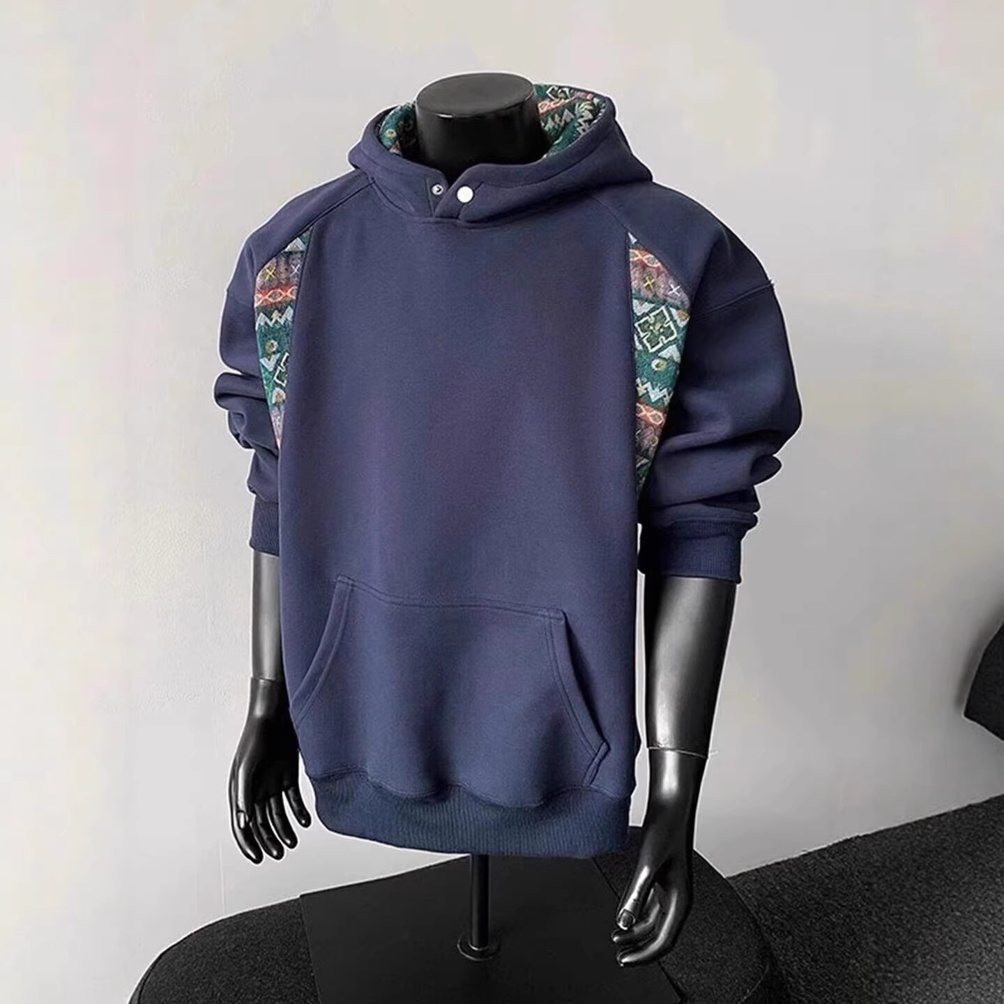 Men's Ethnic Patchwork Embroidered Hoodie Autumn Heavyweight Color Block O-Neck Sweatshirt Design Couple Jacket_voghion.com