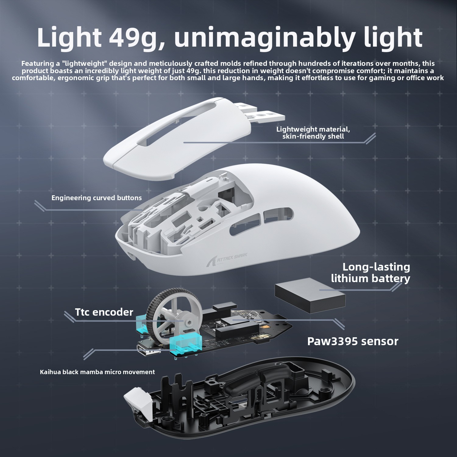 AttackShark X3 Mouse,Lightweight,PAW3395 Sensor,E-sports Game The Third Mock Examination Wireless Mouse,2.4G Wireless+Bluetooth 5.2+Type-C,26000DPI_voghion.com