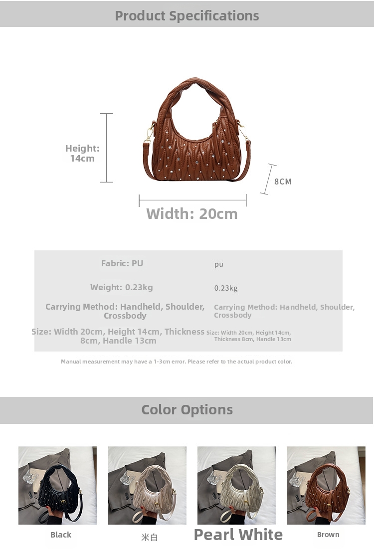 Borsa a tracolla da donna dal design plissettato alla moda con decorazioni di strass, borsa a tracolla casual di tendenza._voghion.com