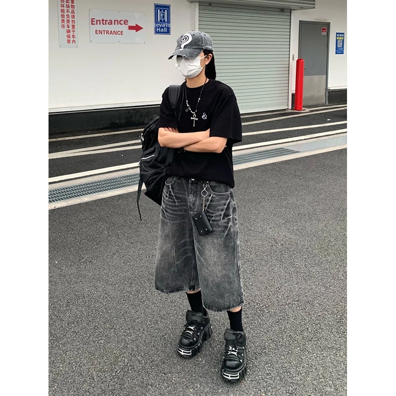 Men's Washed Lightning Pattern Loose Fit Denim Cargo Shorts Retro Streetwear Style_mkmklike.com
