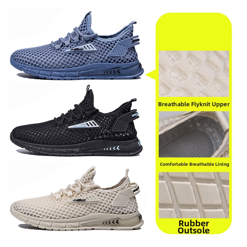 Men's Summer Sports Shoes Breathable Mesh Hollow Out Lightweight Flyknit Size 39-48 White Black Casual_voghion.com
