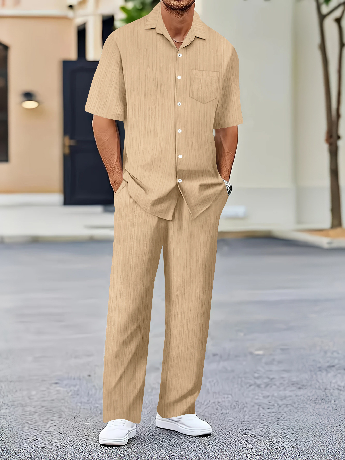 Herren Freizeit Hemd Und Hose Set Mit Wellenmuster Für Pendler_voghion.com