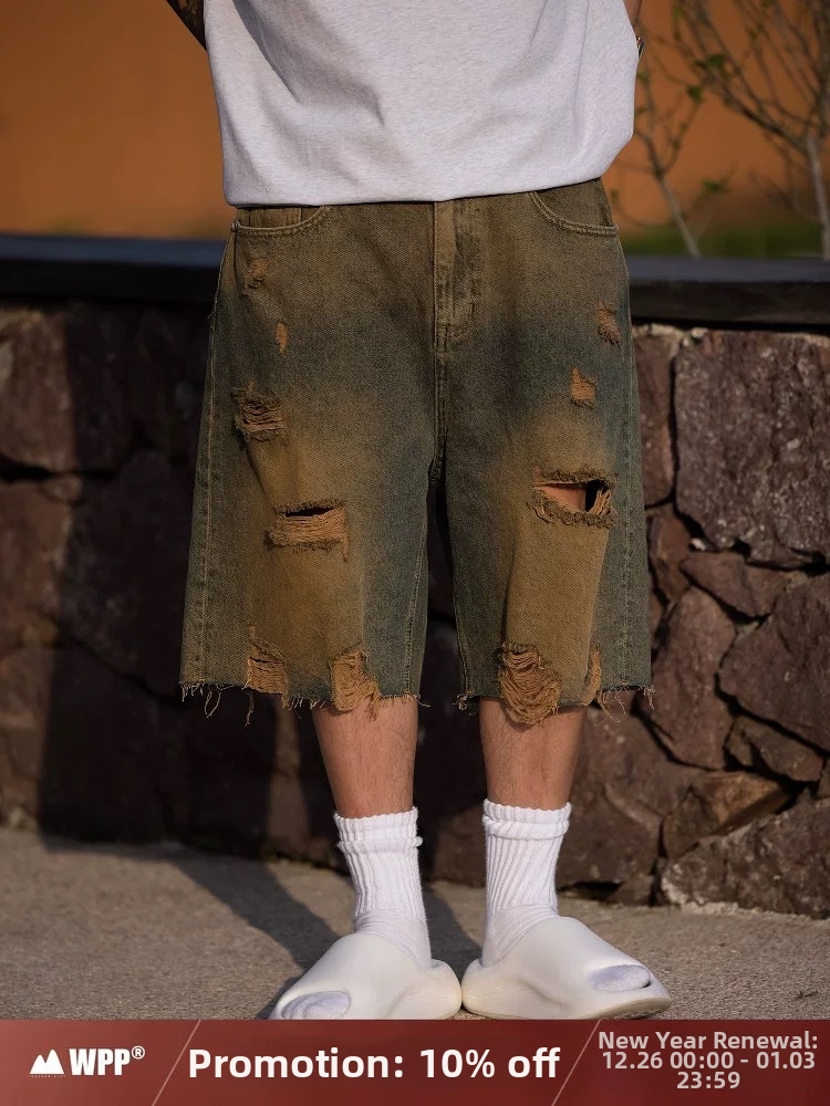 Men's Summer Ripped Denim Shorts Loose Fit High Street Trendy Retro Straight Leg 5 Pocket Casual Shorts_mkmklike.com