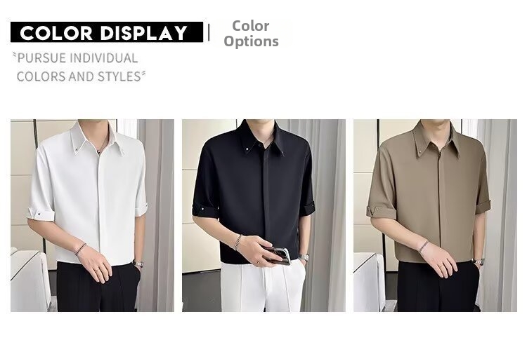 Men's Summer High Quality Wrinkle Free Thin Ice Silk Shirt Korean Style Five Quarter Sleeve Draped Cool Short Sleeved_viptrois.com