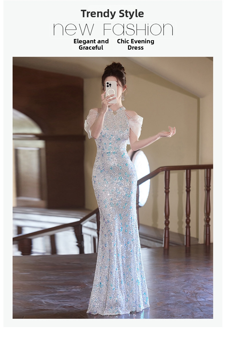 Elegant Sequin Mermaid Cheongsam Evening Gown - Slim Fit Qipao Dress For Banquet Party Wedding_ecoleips.com